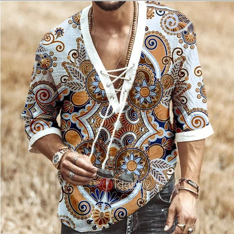 Summer Men's T-shirt Vintage National Style Printed V-Neck Lace-Up Eyelet Tee Tops Half Sleeve T Shirt for Men Clothes Plus Size