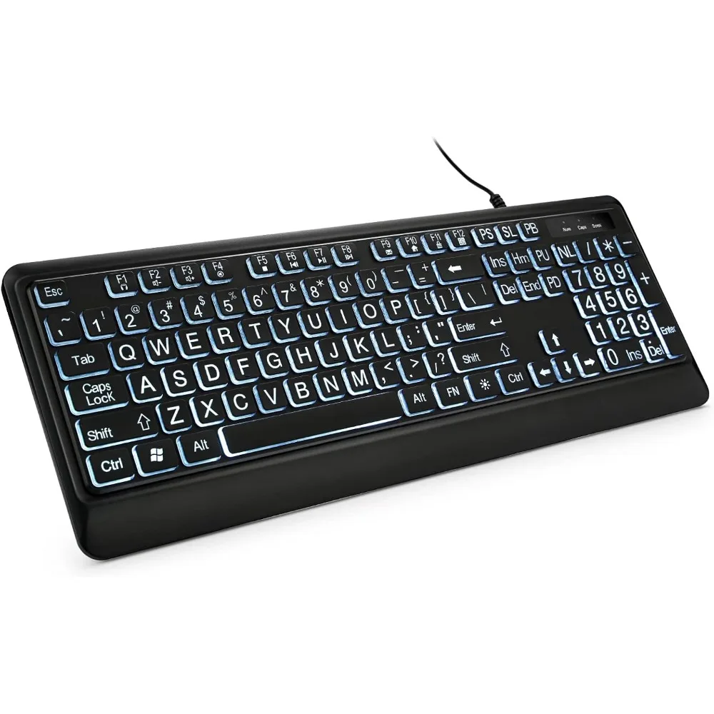 Large Print Backlit Keyboard, USB Wired, Full Size with White LED for Windows, Laptop, PC, Gaming, Black