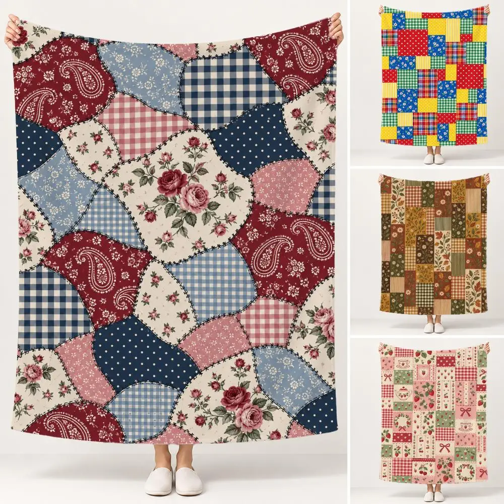 Beautiful Pattern Vintage Patchwork Throw Soft Plush Flannel Pet Blanket, Home Decor Cover for Sofa, Bed, Trip & Picnic