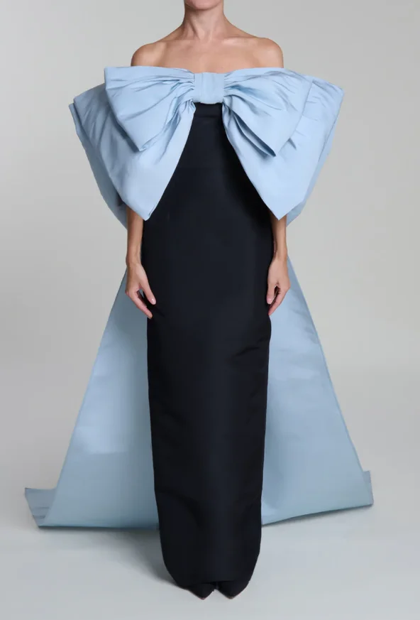 스카이 블루 블랙 오프숄더 이브닝 드레스 더블 보우 파이에 컬럼 가운 탈부착 가능한 케이프 포함 우아한 스트레이트 프롬 드레스