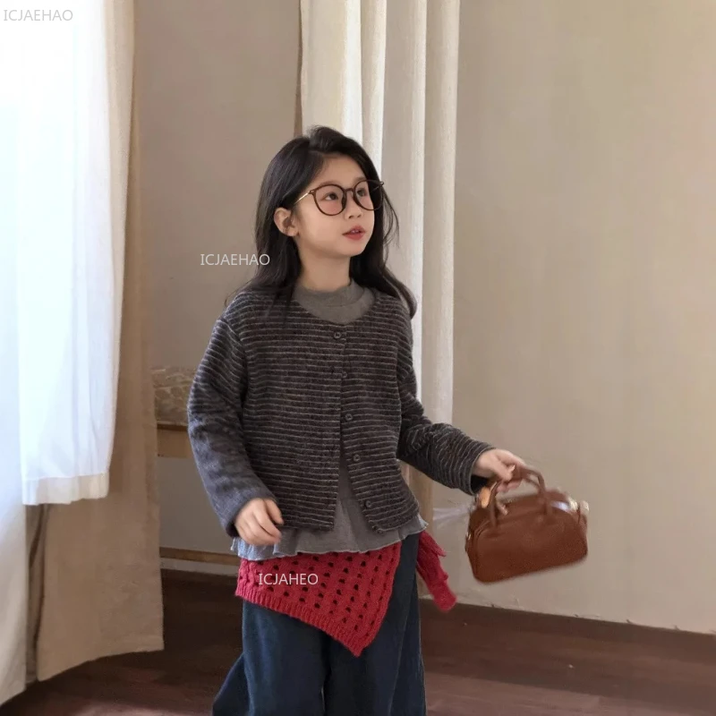 

Повседневная детская верхняя одежда из мягкого хлопка в корейском стиле для девочек, полосатый кардиган с круглым вырезом и открытой передней частью, осеннее детское пальто
