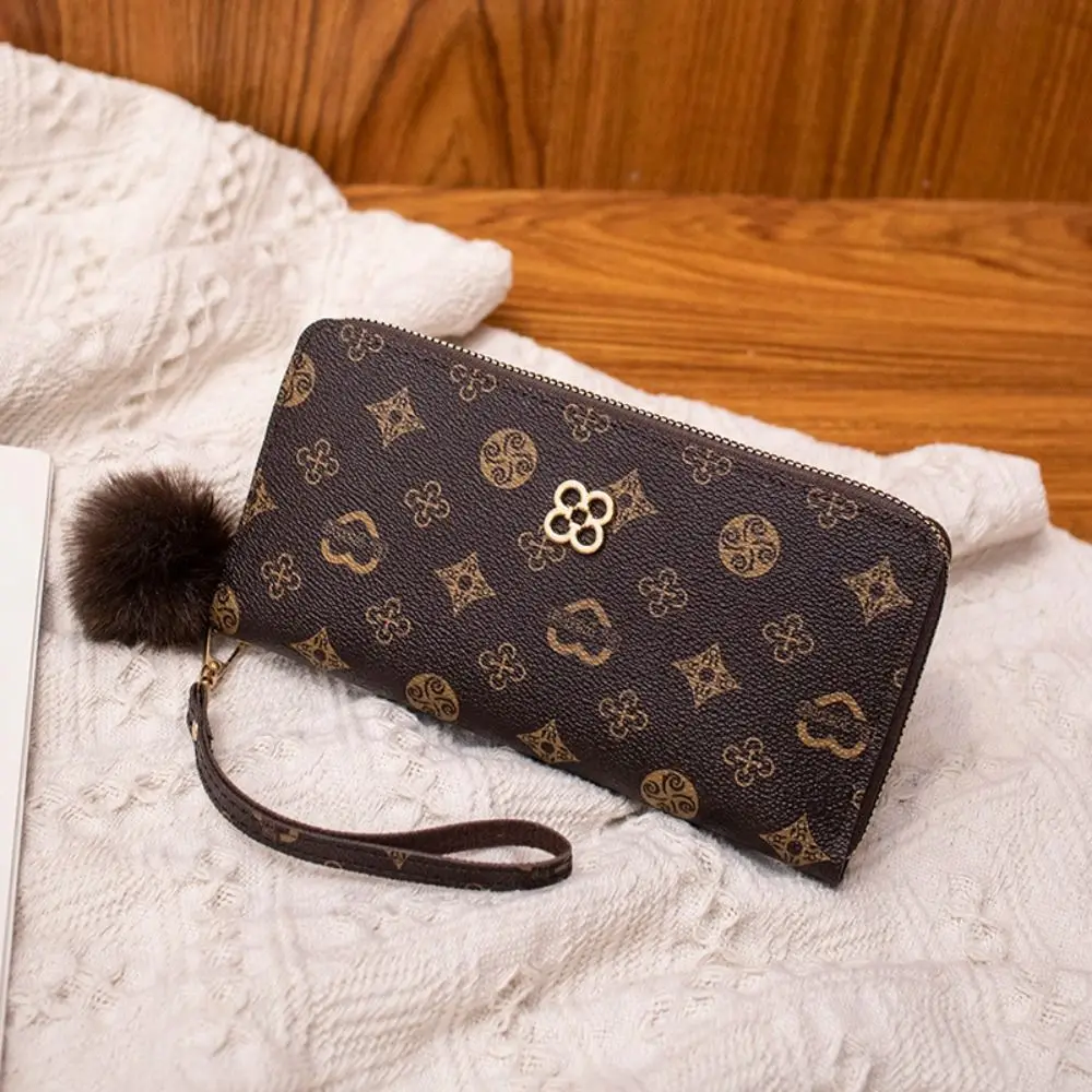 

PU Leather Women Long Wallet Fluffy Ball and Printed Decoration Large Capacity Long Clutch Bag Portable Lady Card Holder Women