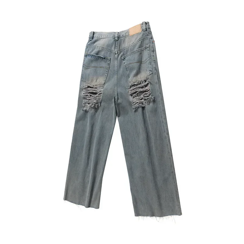 Men's High Street Destroyed Hip Hop Jeans Pants Fashion Streetwear Washed Vintage Denim Trousers Loose Fit Y2K Bottoms