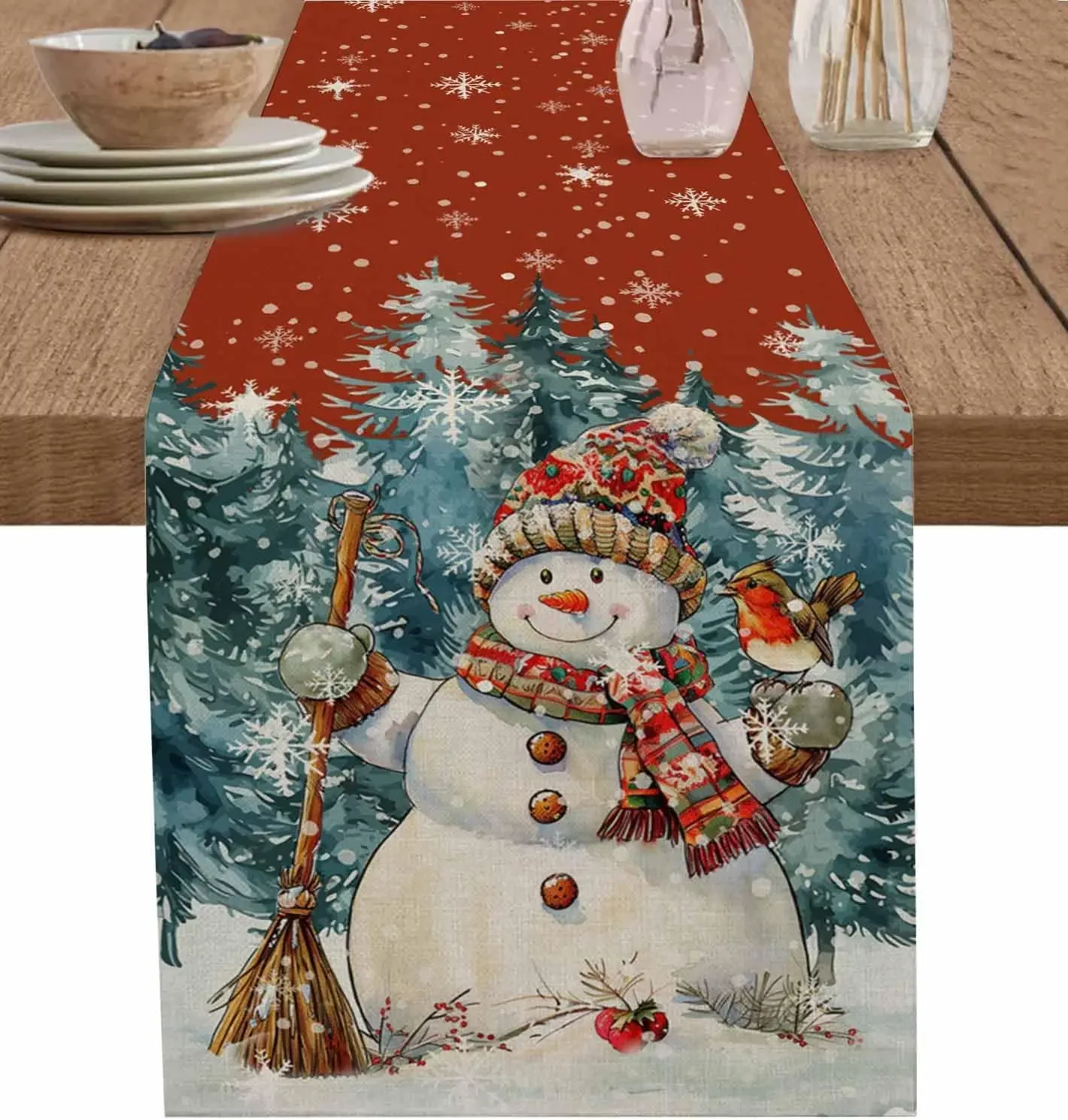 Christmas Snowman Cardinal Bird 2026 Table Runner Dresser Scarf Winter Snowflake Snowy Forest Table Runners Holiday Party Decor
