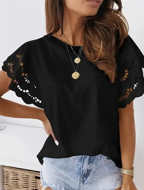 

Summer Tops Woman O-Neck Solid Color Hollow Burn Flower Flying Sleeve Slim Fit T-Shirt Top for Women Elegant Slim Fit T-Shirt