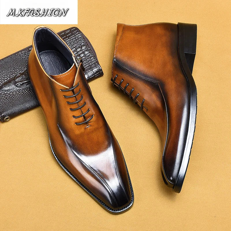 Retro Men's British Style Business Dress Genuine Leather Shoes Side Zipper Ankle Boots Short Booties