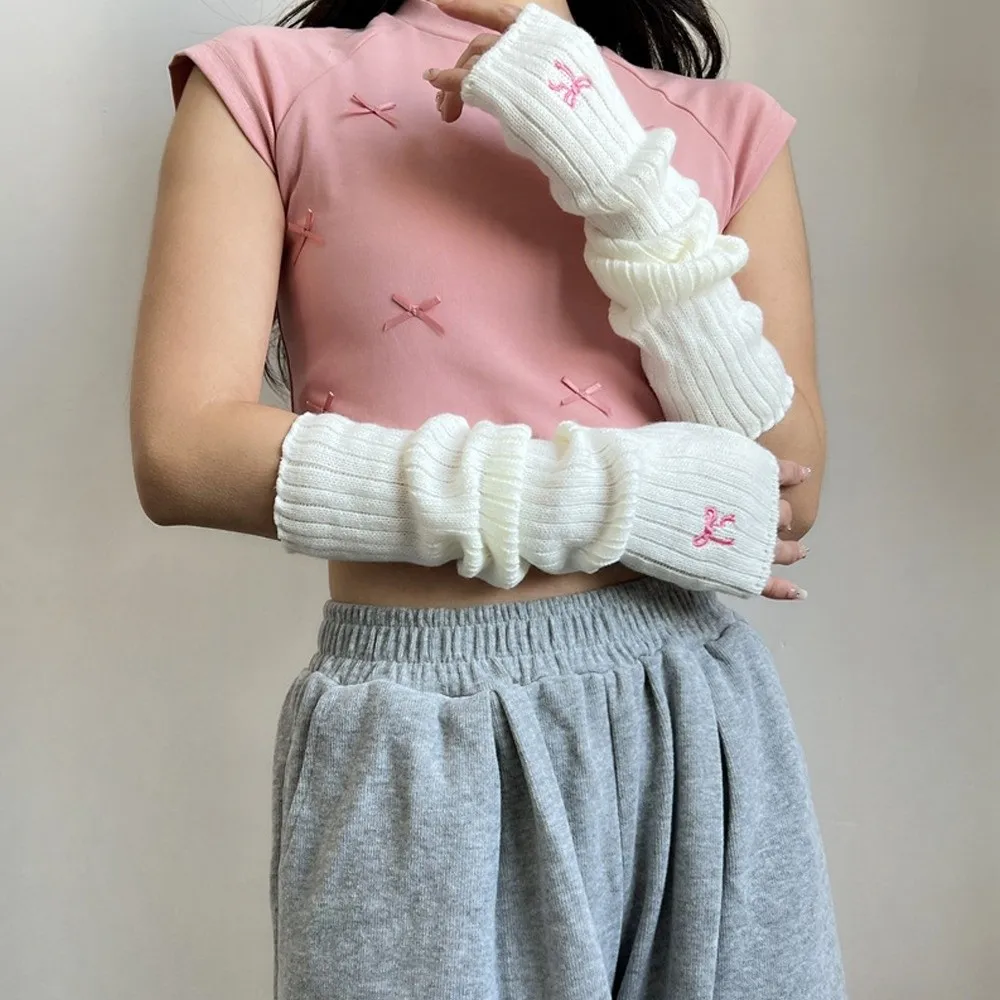 New Long Arm Warmer Gloves Bow Cherry Strawberry Embroidery Cold Proof Warm Arm Sleeve Knitted Fingerless Gloves Autumn Winter
