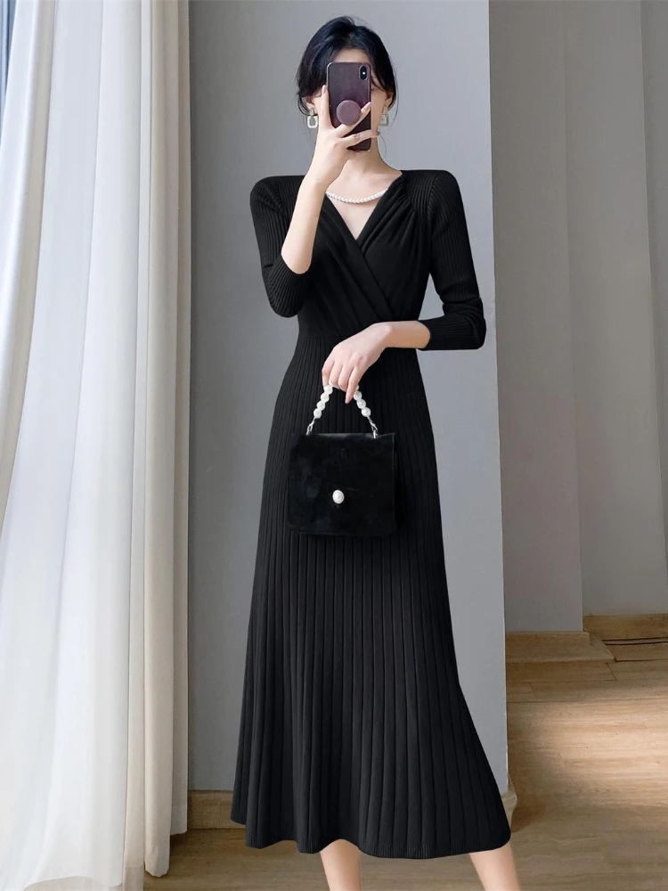 Robe longue à col en V pour femmes, pull de fête pour dames, vêtements français, Maxi blanc et noir, automne et hiver
