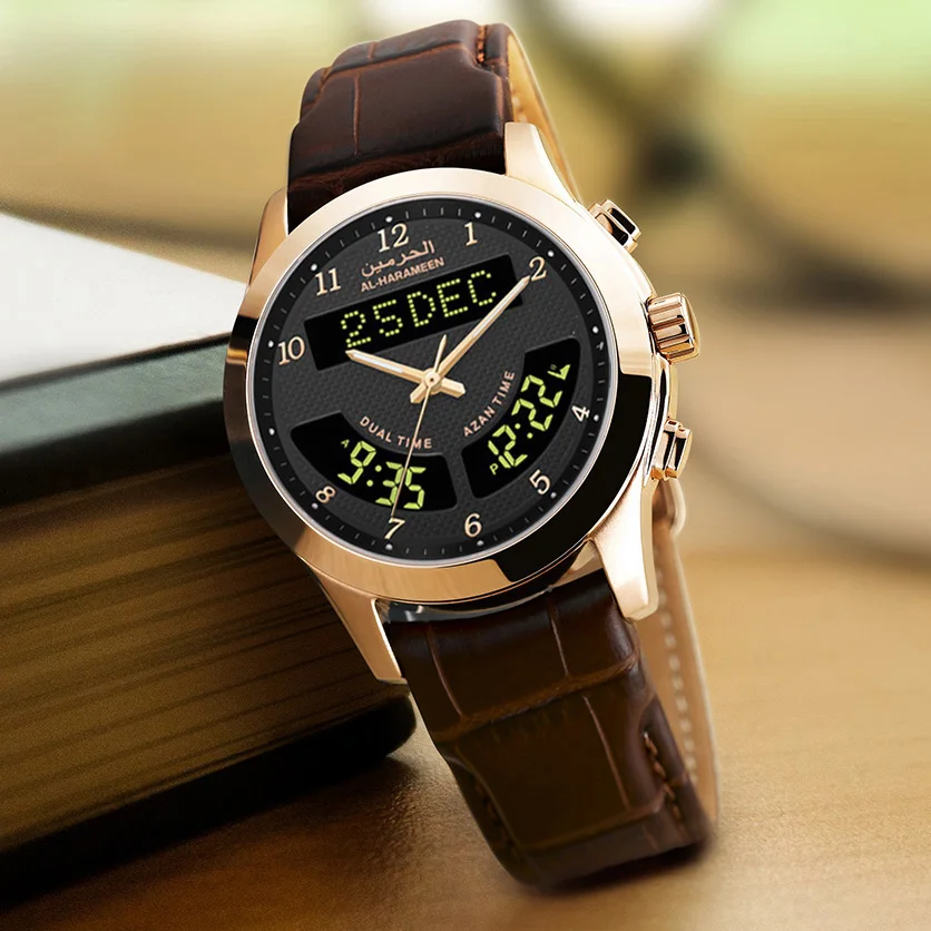 Muslim Azan Watch Islamic Qibla Clock with Prayer Alram Hijri Calendar Compass and Genuine Leather Strap Al Harameen Fajr Time
