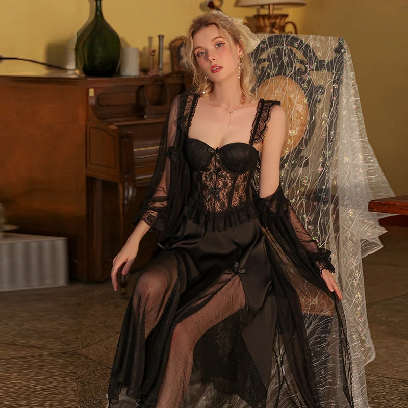 Sexy Mesh Peignoir Autumn Winter Lace V Neck Nightdess Two Pieces Robe Sets Romantic Princess Sleepwear White Black Night Dress