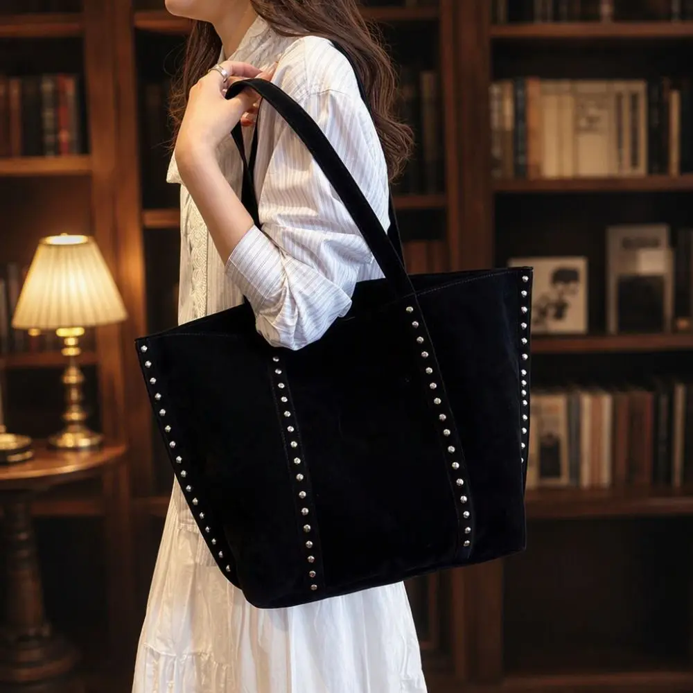 Korean Style Suede Rivet Tote Bag Solid Color Stud Decorative Matte PU Handbag Large Capacity Brown Suede Leather Shoulder Bag