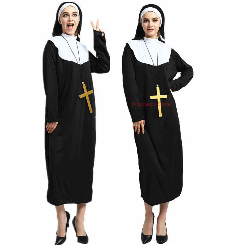 Womens Girls Nun Costume Ladies Mother Superior Horrible Robe Cloak Erotic Sister Religious Fancy Dress