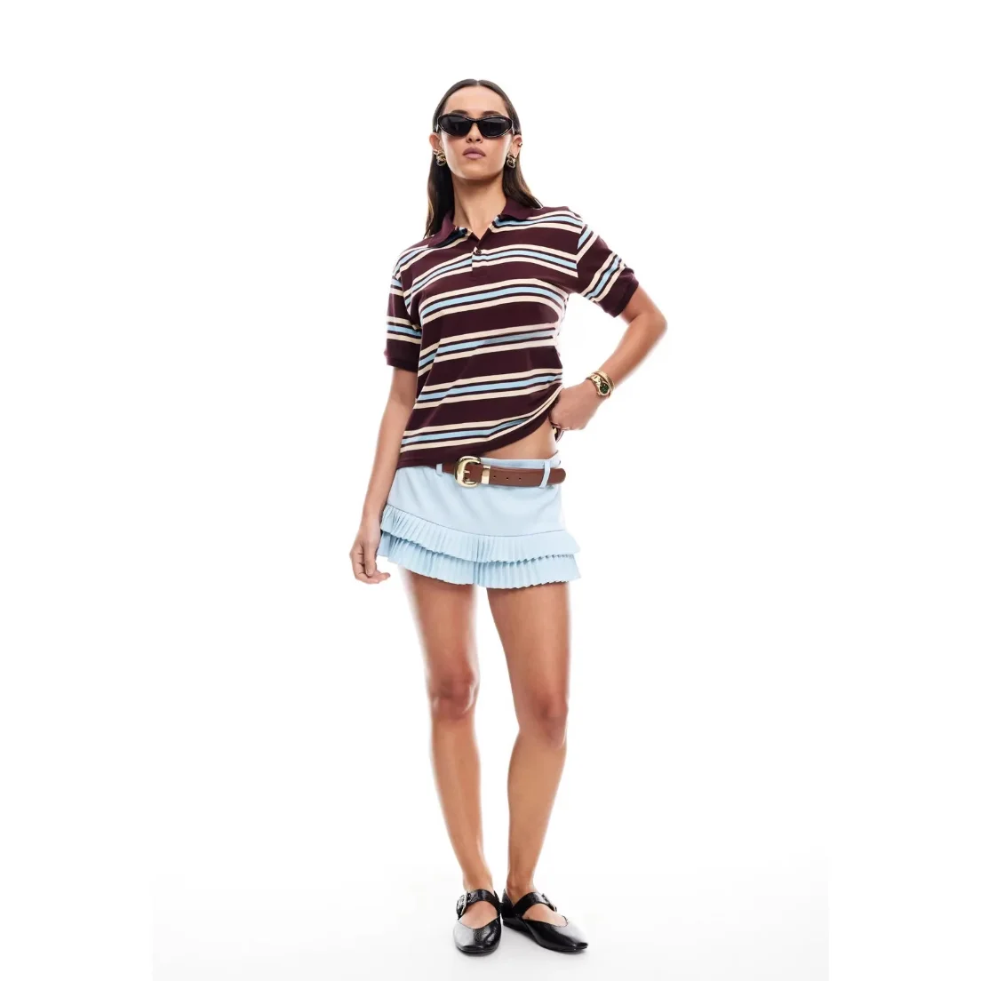 

Retro Y2K 2 Piece Set Women Striped Polo Top Low Waist Ruffle Pleated Mini Skirt Summer Cute Casual Outfit