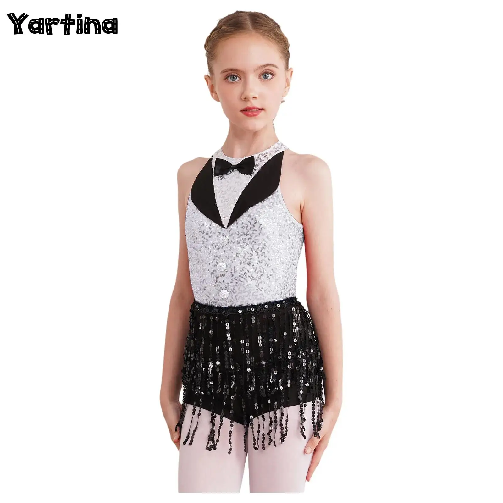Jersey de Ballet y gimnasia para niñas, traje de actuación de baile de Tango latino, mono de leotardo con espalda descubierta y borlas de lentejuelas brillantes