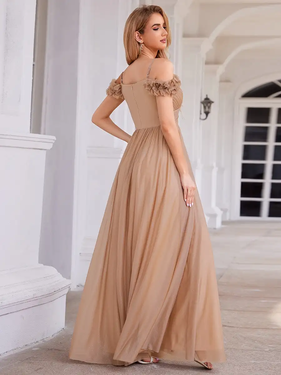 Elegant Evening Dresses Sparkling V-Neck Floral Cold-Shoulder Pleated 2024 Ever Pretty of Rose Gold Bridesmaid Dress