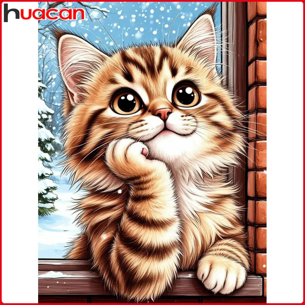 Huacan 5D DIY Diamantmalerei Katze Winter Diamantstickerei Tier Landschaft Komplettset Bastelset