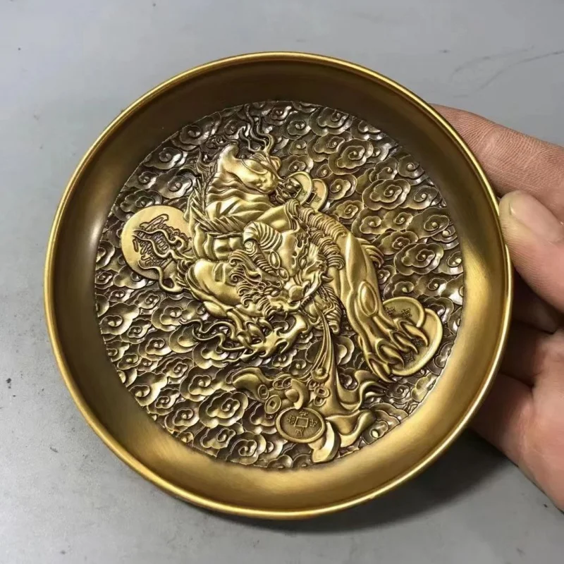 Antique Qianlong Royal Gift Brass Money Drawing Pi Xiu Plate Back Boy Meets Girl Plate Relief Plate Dish Collection Ornaments