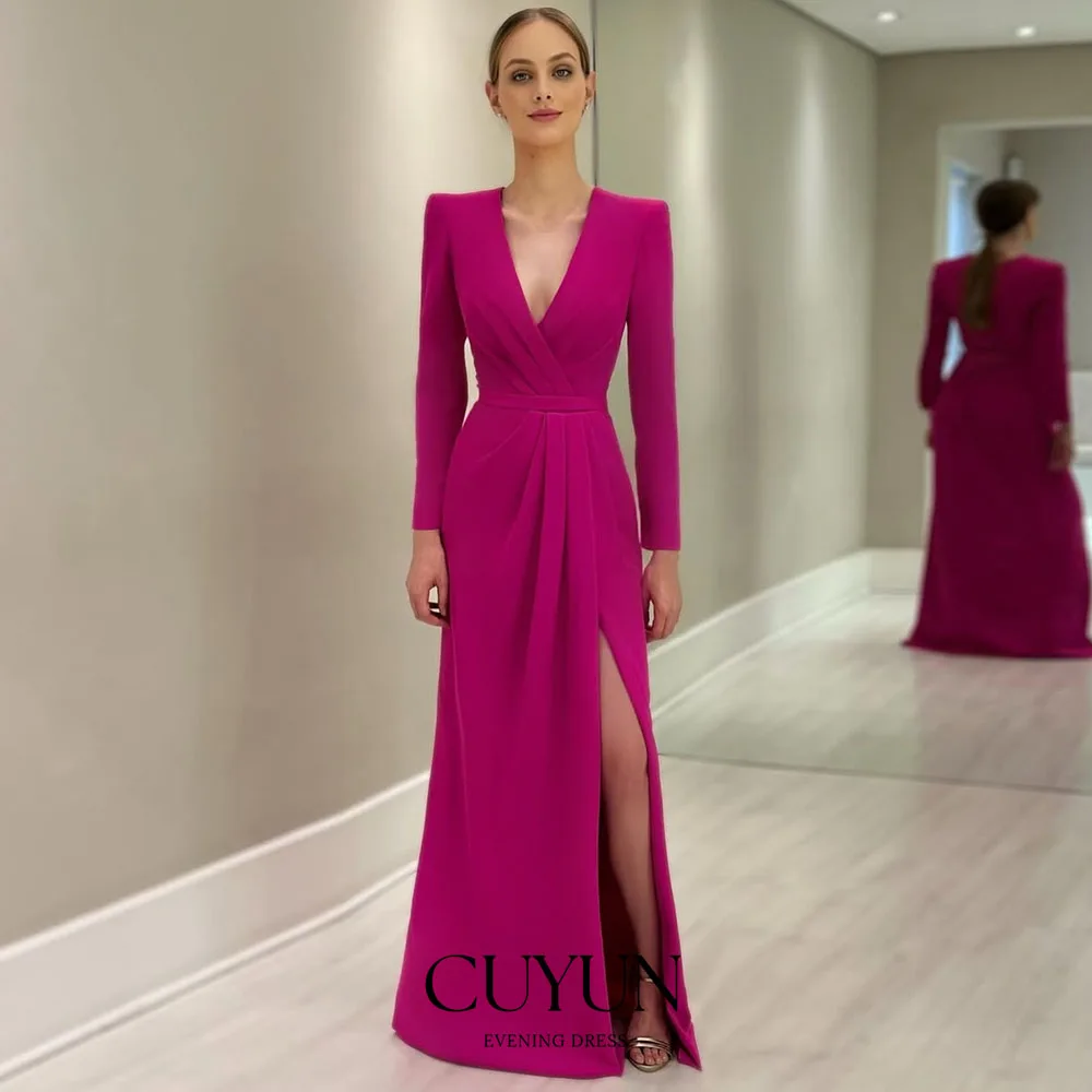 

CUYUN Modest Evening Gown for Formal Event Deep V-Neck Long Sleeves High Slit Party Dress Customized Fuchsia Wedding Guest Dress