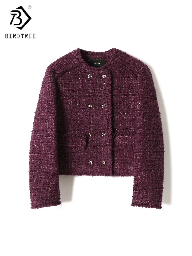

Birdtree Wool Cotton Blend Warmth Overcoat,Woman O-neck Double Breasted Short Coat,2025 Autumn Winter Purple Red Tops T59028JF