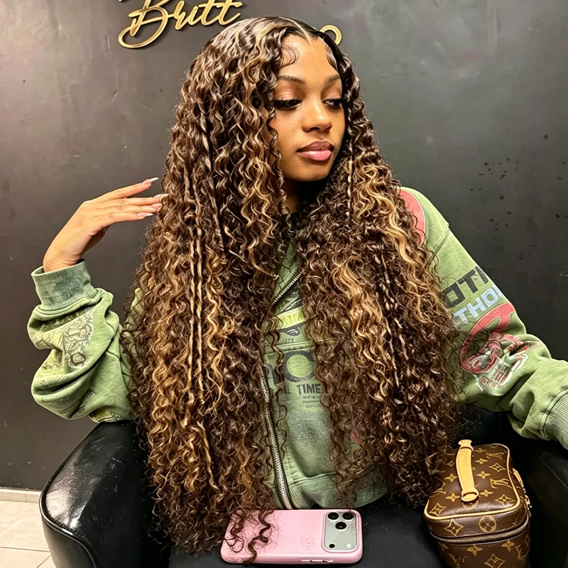 

P4/27 Honey Blonde 360 Lace Wig Invisible Strap Ombre Highlight Deep Wave 13x4 Lace Front Human Hair Curly 13x6 Lace Frontal Wig