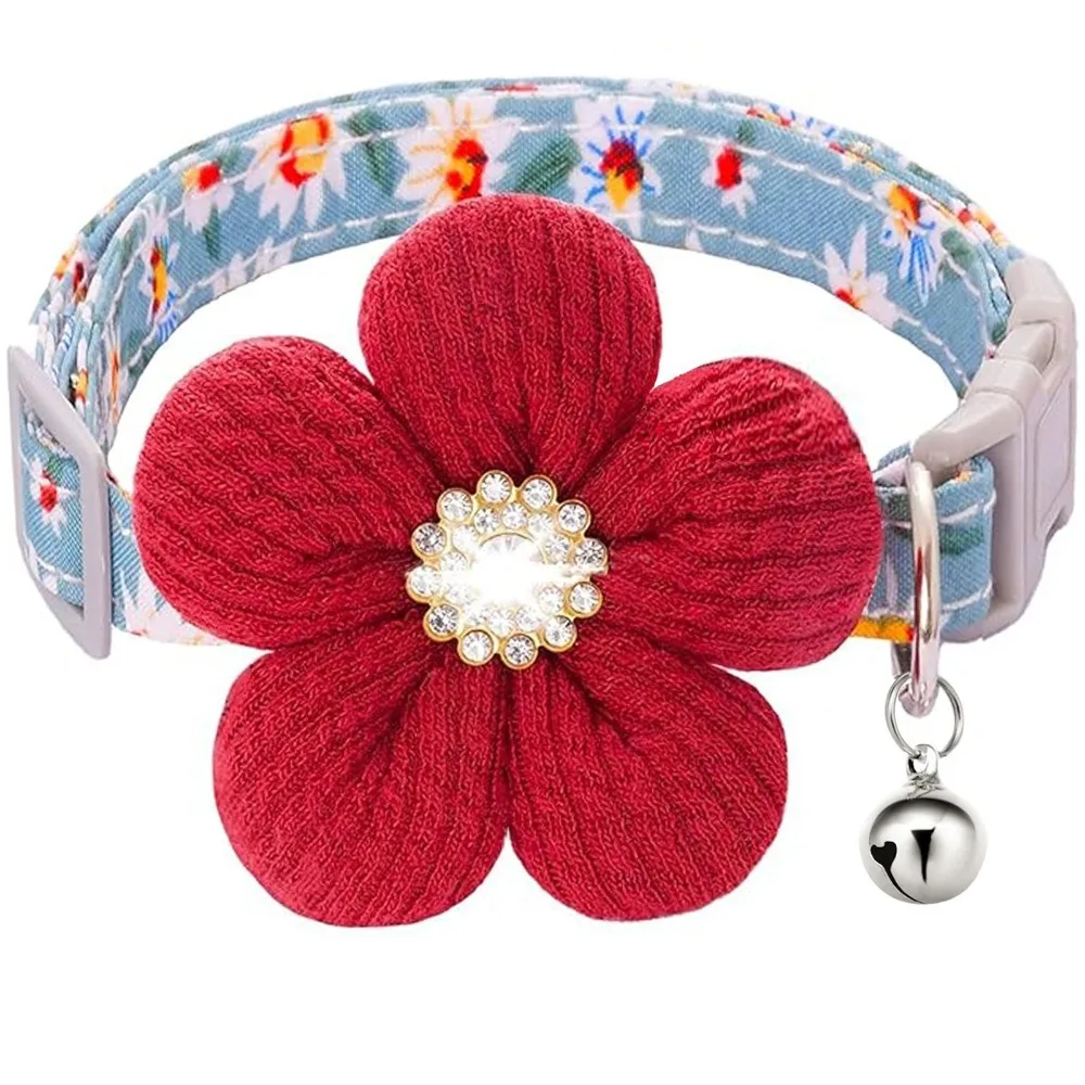 

Adjustable 3D Flower Dog Collar Nylon Rhinestone Puppy Collar with Bell Quick Release Pet Shining Collar for Cats and Dogs