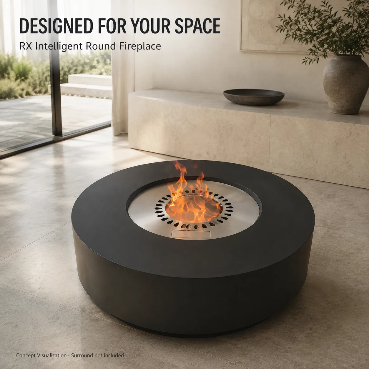 Modern Round Bioethanol Fireplace Insert With Remote Control Brushed Stainless Steel Indoor Firepit Decorative Flame