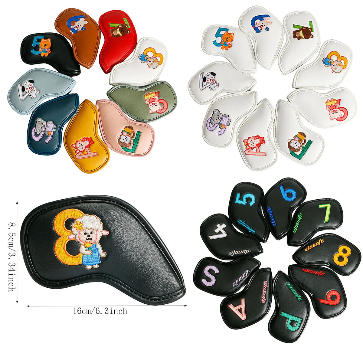 New 9PCS Golf Hardcore Set Club Cap Cover Cartoon Pattern High-Grade Pu Double-Sided Digital Pet Embroidery