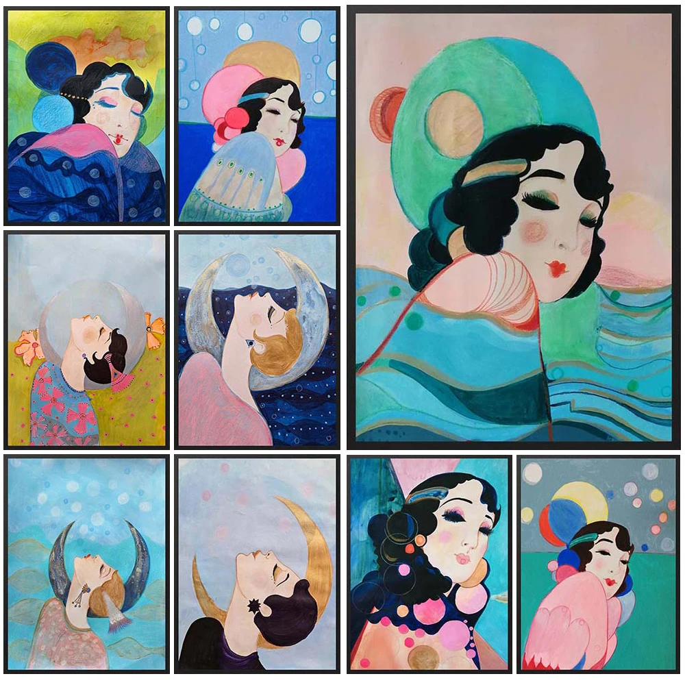 

Cartoon Japanese Geisha Girl Woman Portrait Poster Wall Art Canvas Painting Home Decor Wall Pictures For Living Room Unframed