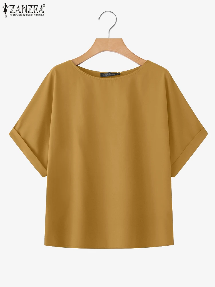 ZANZEA Stylish Women Blouse 2025 Summer Round Neck Solid Elegant Shirts Tunic Korean Tops Loose Casual Fashion Blusas Femininas