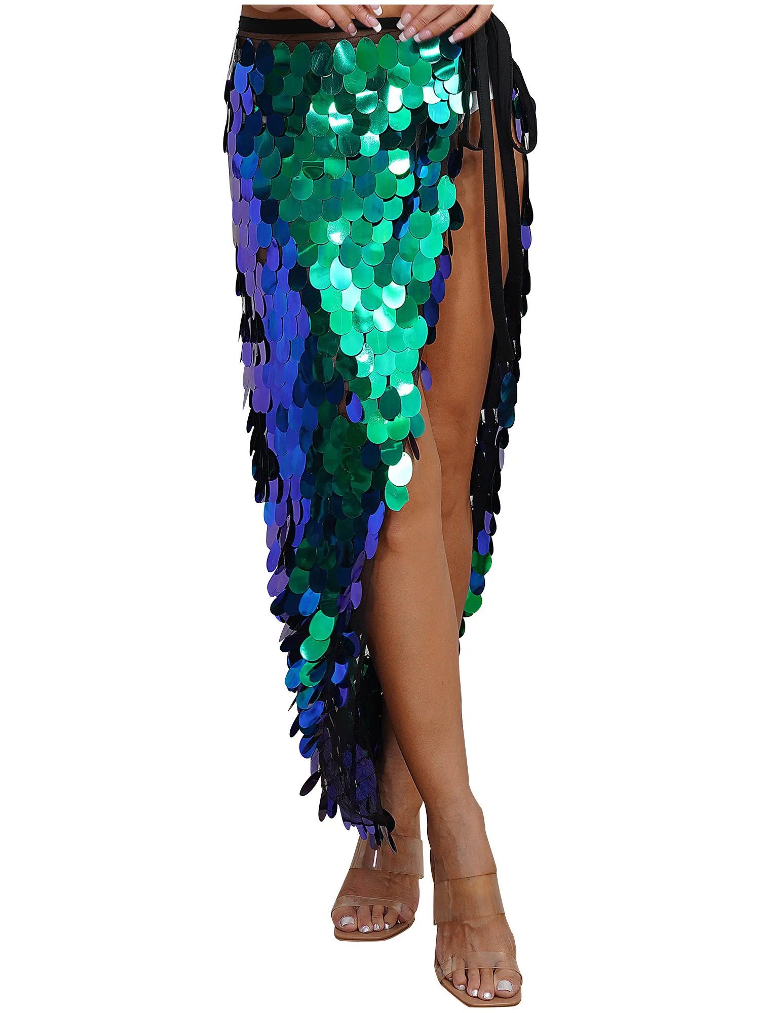 Halloween Womens Long Belly Dance Hip gonna Sparkly Sequin Lace-Up Mermaid Hip sciarpa Wrap Carnivals costumi da spettacolo di danza