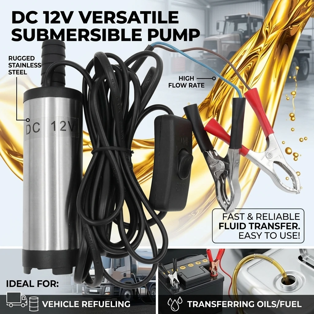 12V DC Submersible Transfer Pump, Portable Diesel Fuel Water Oil Pump with Alligator Clips, On/Off Switch, for Car Truck Boat