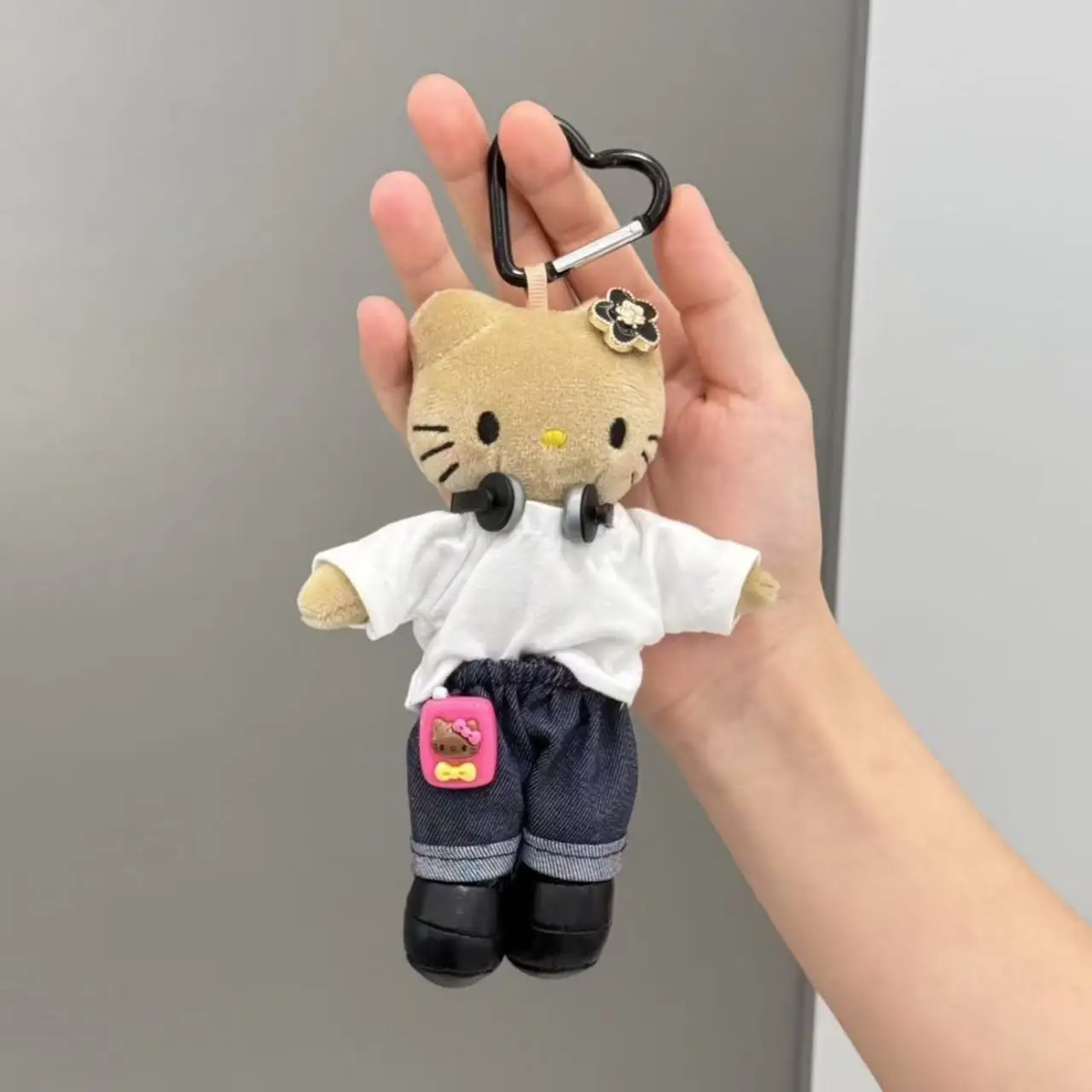 Hello Kitty estampado de leopardo piernas largas llavero de muñeco de peluche Kawaii piel negra Kt gato regalo de cumpleaños colgante de juguete de peluche esponjoso