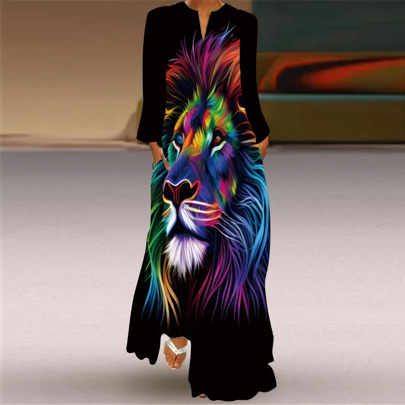 Fashionable 3D Animal Horse Print Maxi Dress 2024 New Women's V-neck Long Sleeved Pocket Printed Loose Dress Vestidos De Mujer