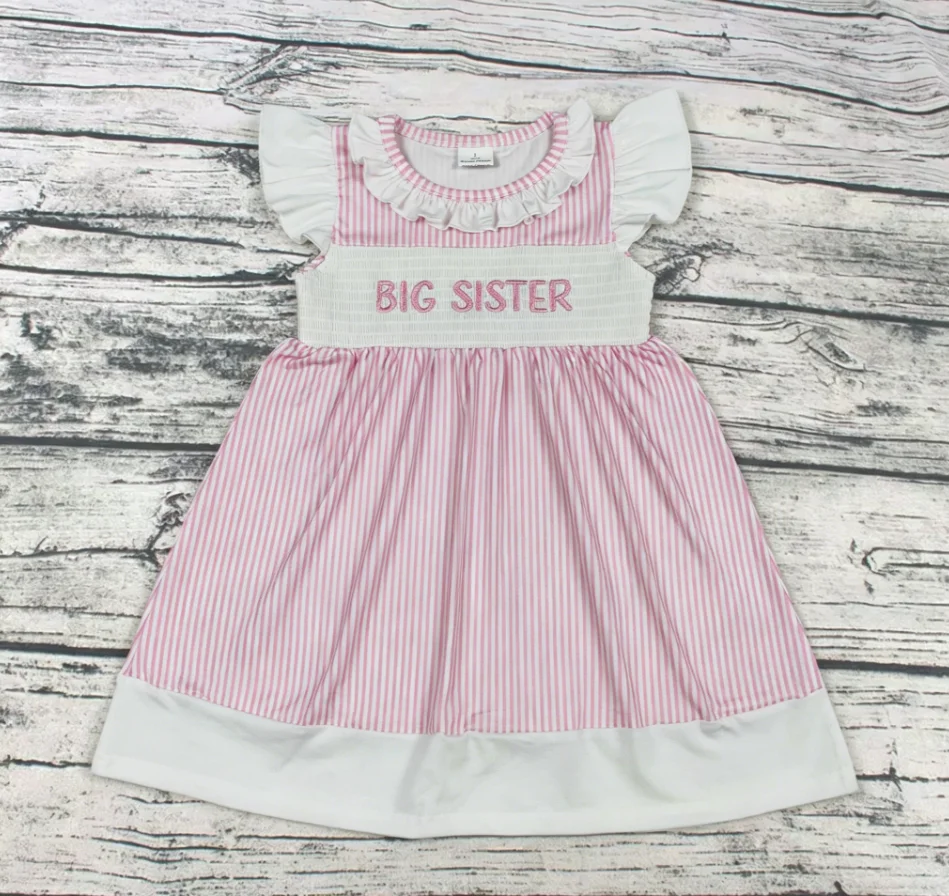 Wholesale Kids Children Short Sleeves Embroidery Sister Toddler Girls Strips Ruffle Clothes Knee Length Dress Baby Girl Dresses