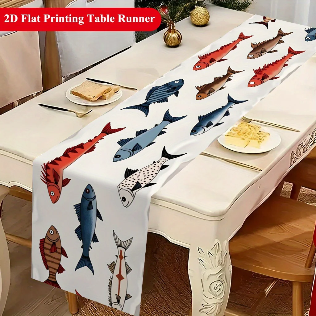 1pc 2D Table Runner, Various Different Shaped Fish Rectangular Polyester Table Runner, Indoor & Outdoor Dining and Party Decor