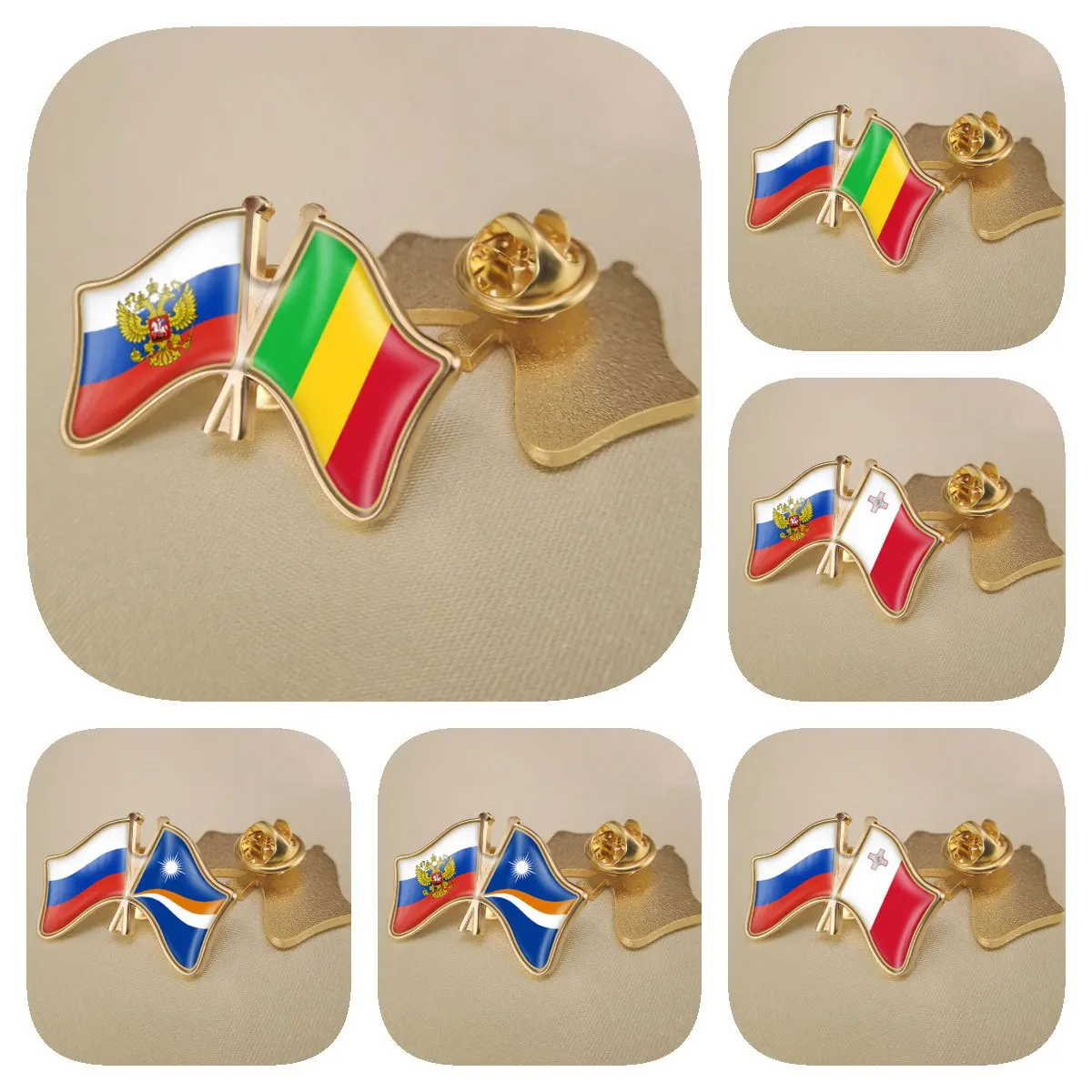 Russian Federation and Mali Malta Marshall Islands Double Crossed Friendship Flags Brooches Lapel Pins Badges