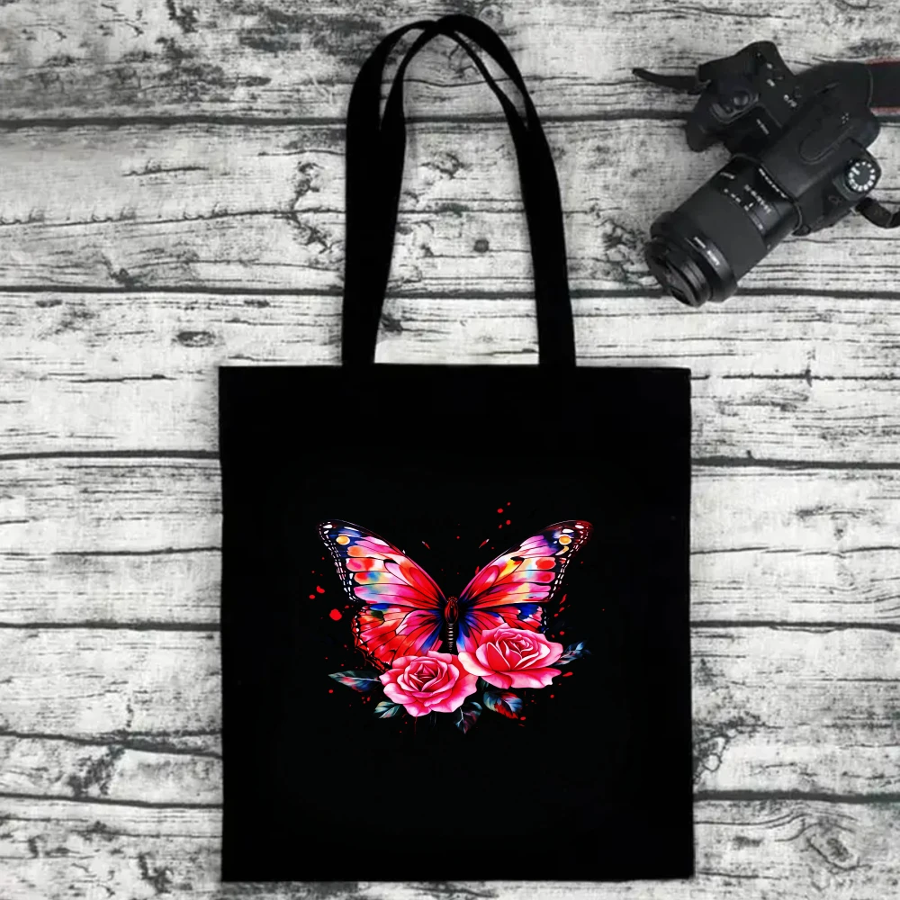 

Pink Butterfly and Rose Canvas Tote Bag, Floral Art Shoulder Bag for Romantic Style