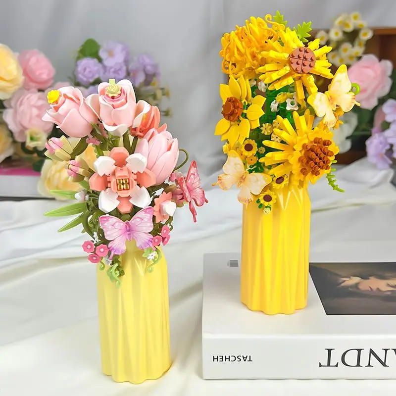 Flower Bouquet Building Blocks with Vase Eternal Flower Bonsai Bricks Rose Tulip Sunflower Model Home Office Decor for Woman