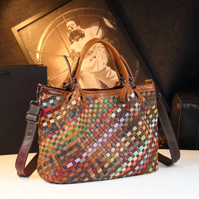 2026 New Handmade Woven Colorful Patchwork Vintage Ethnic Style Large Capacity Handheld Crossbody Tote Bag Commuting Bag