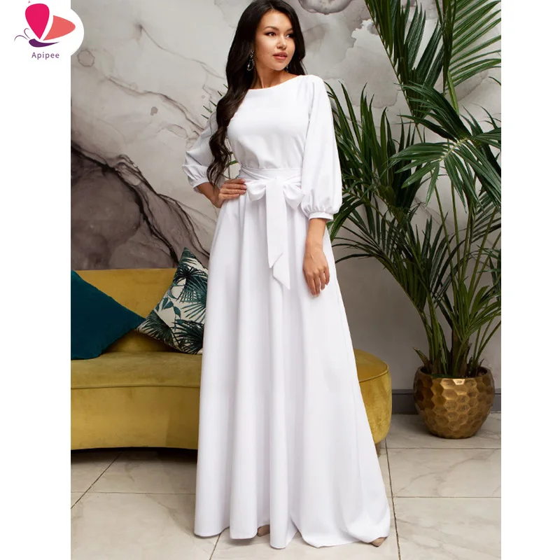 Vintage papillon Maxi abito lungo bianco donna manica lanterna elegante vestito dalla fasciatura 2024 solido o collo Boho abito lungo fino al pavimento