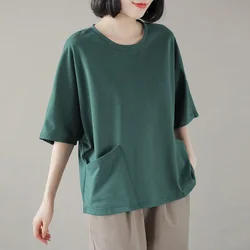 Simplicity Pockets Patchwork Tops Tees Summer New Short Sleeve Solid Color All-match Loose T Shirts Casual Fashion Women Clothes