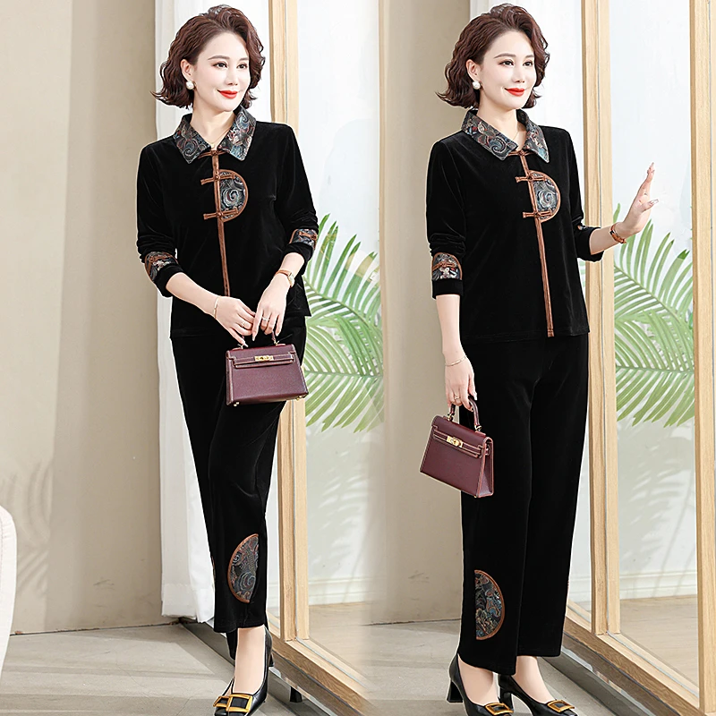 Completi da donna Giacca a maniche lunghe in velluto Pantaloni Abito Madre di mezza età Due pezzi taglie forti Madre di mezza età 2 pezzi Outfi