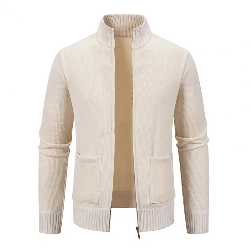 

Knit Jacket Men's Thickened Plush Lining Knitwear Jacket with Stand Collar Long Sleeve Zipper Closure Sweater Coat Pockets Men