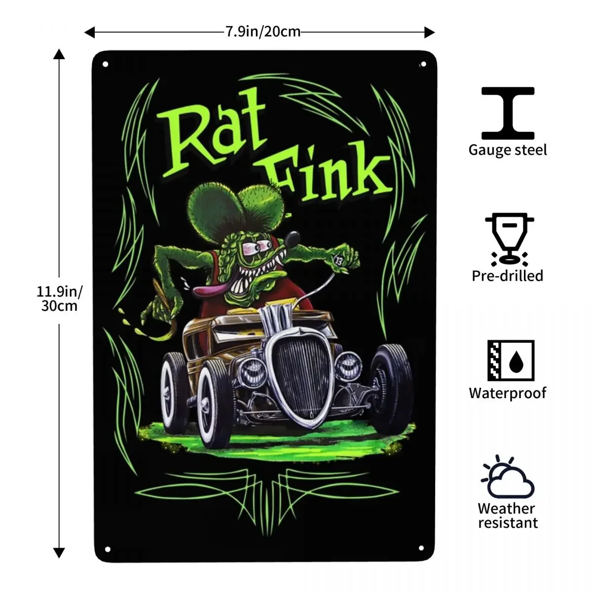 Vintage Rat Fink Classic Metal Signs Custom Comic Cartoon Tin Plaque Gate Garden Bars Wall Art Decor 12 x 8 Inches