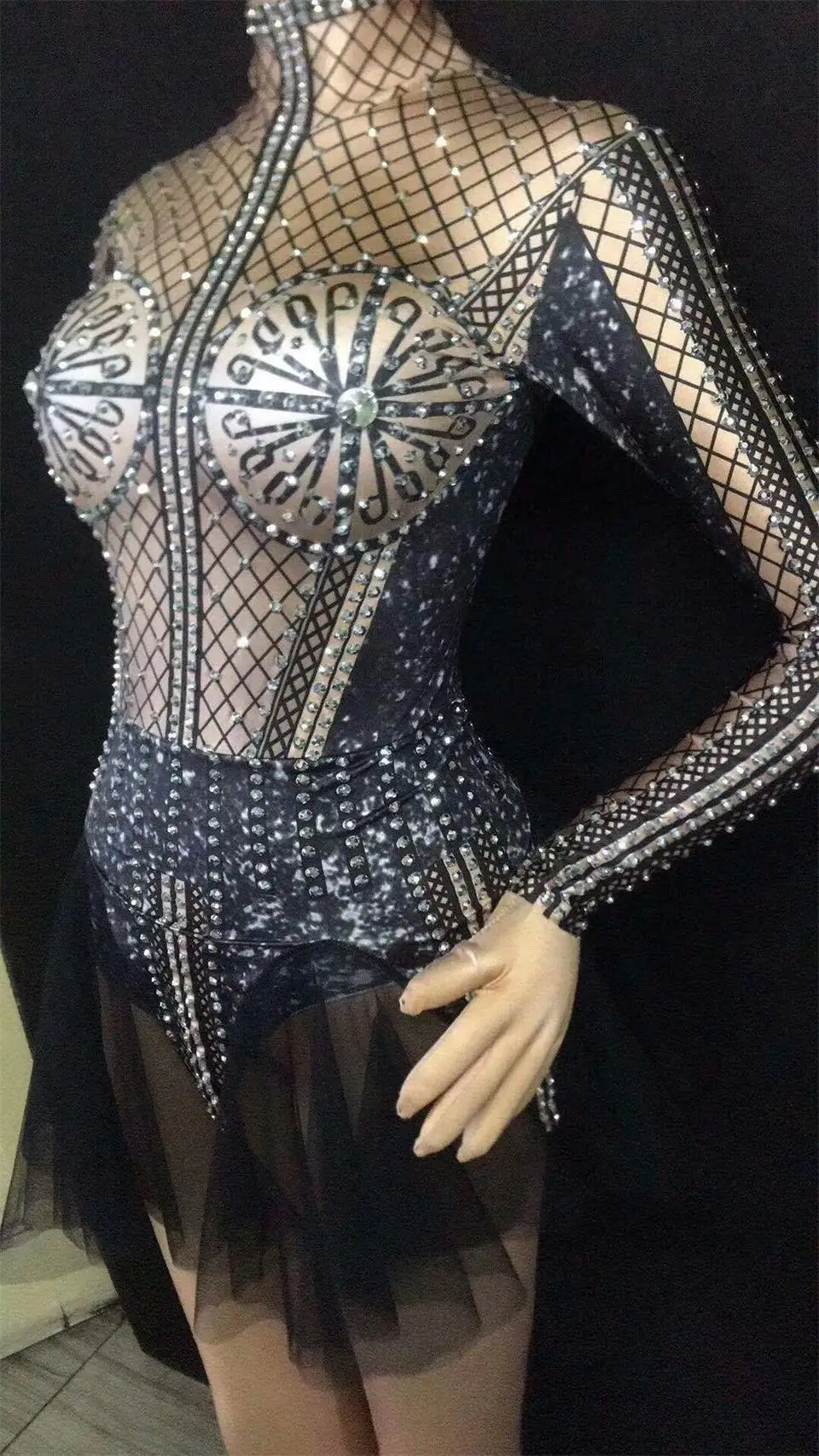 Sexy Rhinestones Dress Women Black Patchwork Mesh Mini Dress Evening Wear Women's Prom Birthday Celebrate Club Dresses Body Suit