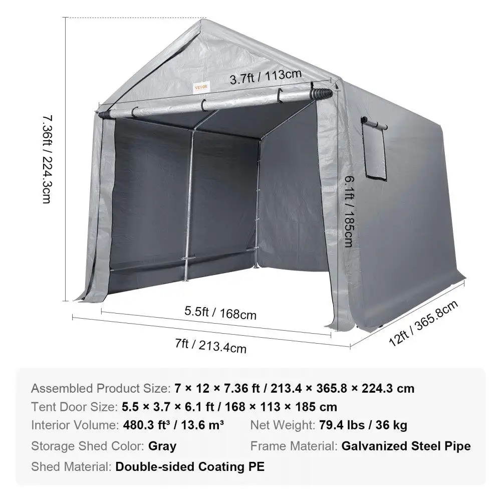 Tenda Penyimpanan Luar Ruangan Portabel 7X12 Tempat Berlindung Instan Tugas Berat dengan Pintu Ritsleting dan Jendela Berventilasi untuk Taman Sepeda Motor