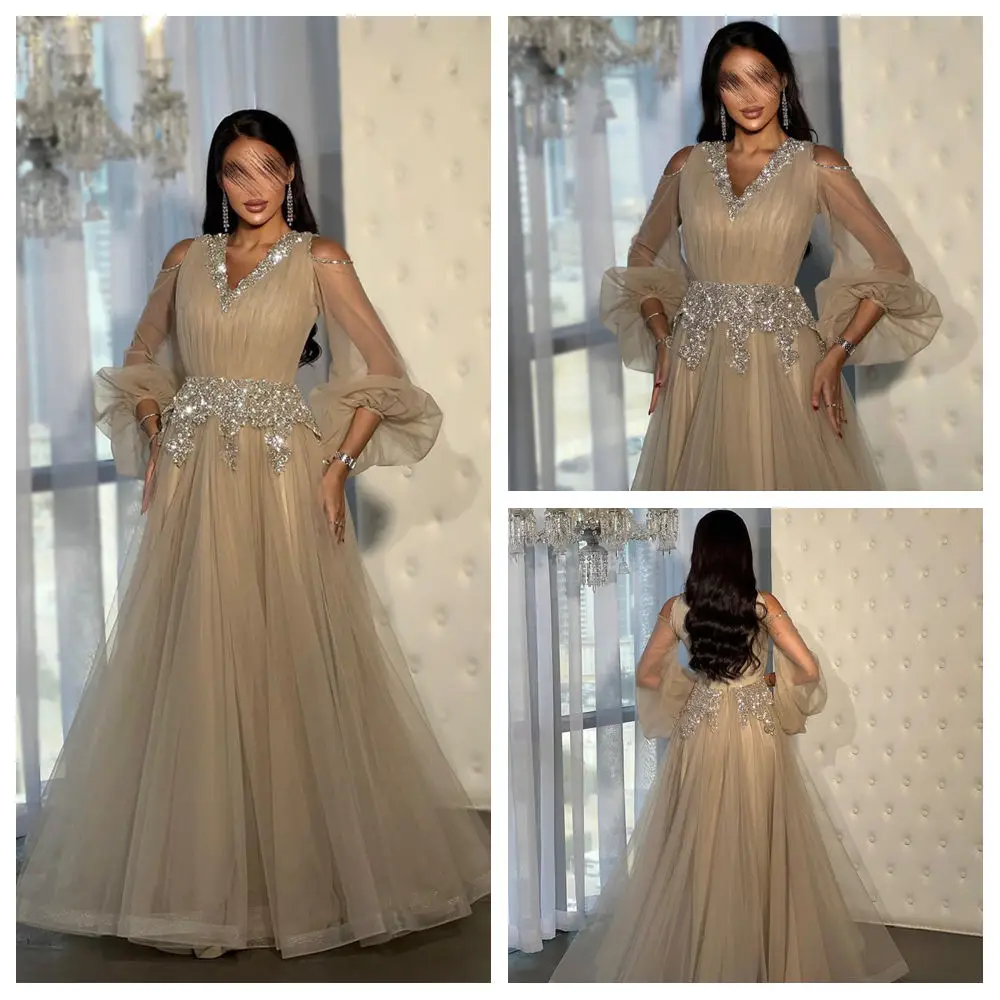 

Вечерние платья с v-образным вырезом по индивидуальному заказу, длинное платье трапециевидной формы из тюля с длинными рукавами для выпускного вечера, блестящее вечернее платье длиной до пола с блестками и бисером