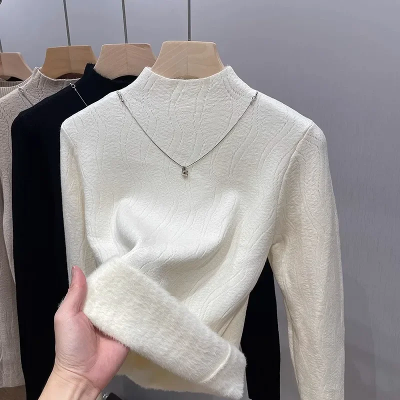 Half High Neck Warm Velvet Women's Sweater 2024 Autumn and Winter New Thick Base Lady Tops Solid Elegant Pullover Clothing 31024