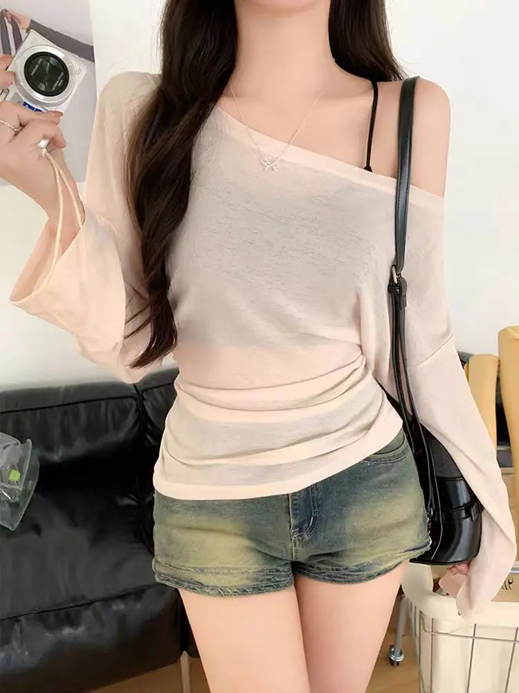 Sun Protection Loose Fit oulder Bared Long Sve T irt Women Summer Thin Sle Casual Waist Cinching Slimming Top