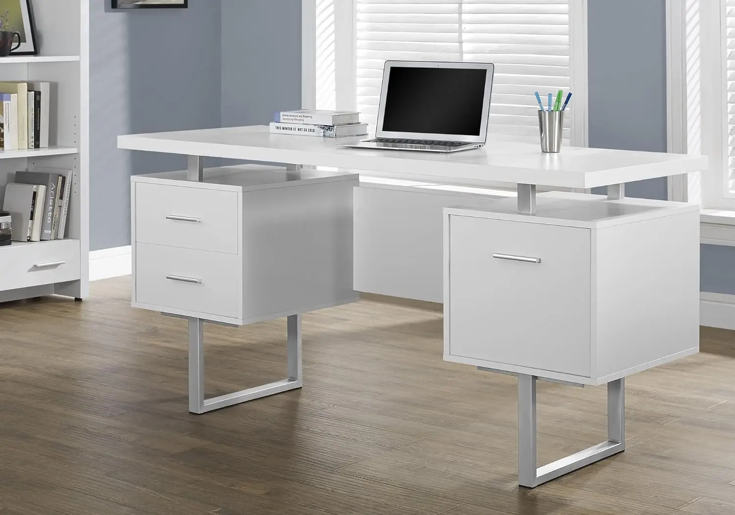 White Hollow-Core/Silver Metal Office Desk, 60-Inch